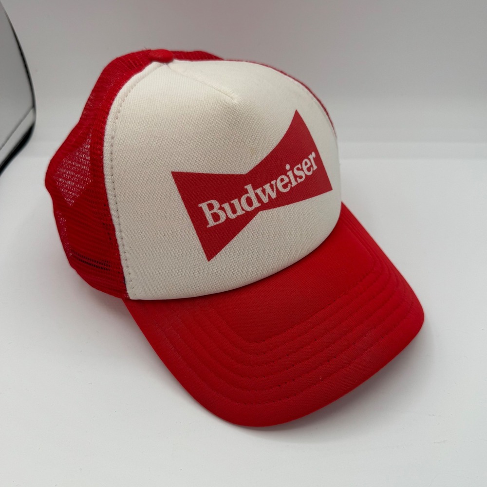 Budweiser Mens Red White Bowtie Logo Mesh Back Foam Trucker Hat Snapback Cap